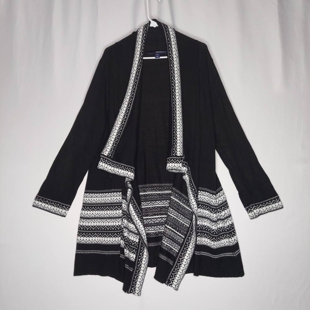 Denim 24/7 Cardigan Womens 18/20 Large Black‎ White Fair Isle Stripe Drape Open
